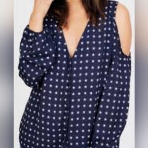 Lumiere Blue/White Patriotic Stars Cold Shoulder‎ Long Sleeve Blouse Size Large